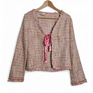 Tua Women's Soft Woven Tweed Pink Fringed Short Blazer Jacket With Ribbon Size M